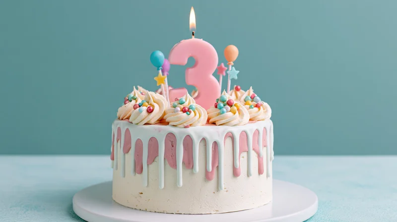 Birthday cake with pink number three candle and drip icing on white plate against teal background