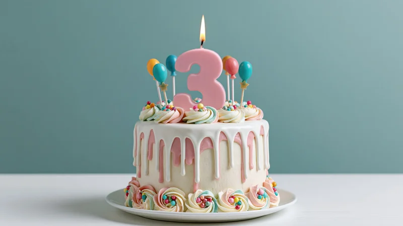 Birthday cake with lit number three candle and balloon decorations on white surface