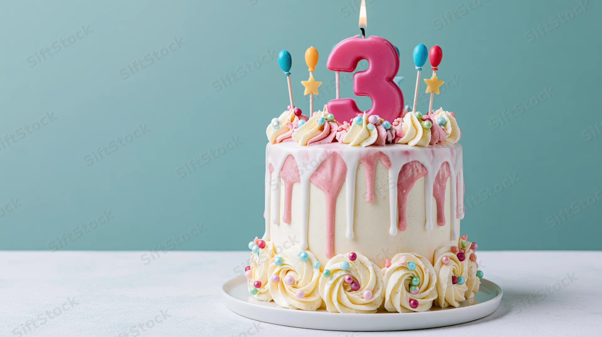 Birthday cake with pink number three candle and colorful decorations on white surface