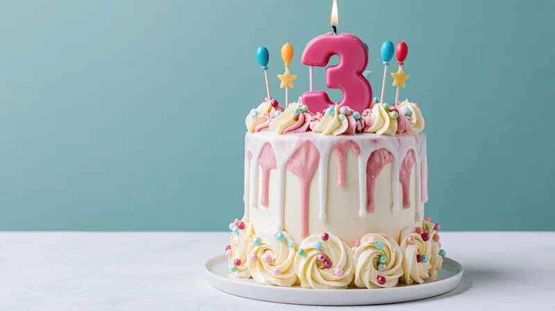Birthday cake with pink number three candle and colorful decorations on white surface