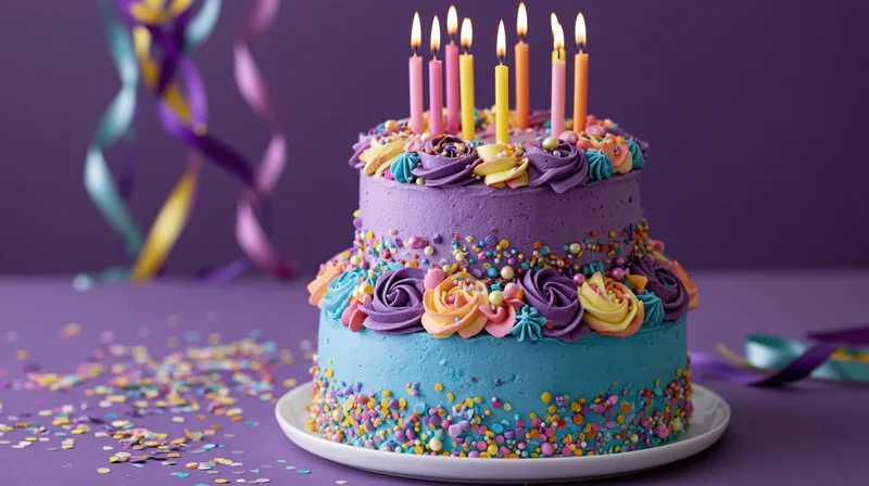 Two-tier birthday cake with lit candles and colorful frosting on a purple surface surrounded by confetti and ribbons