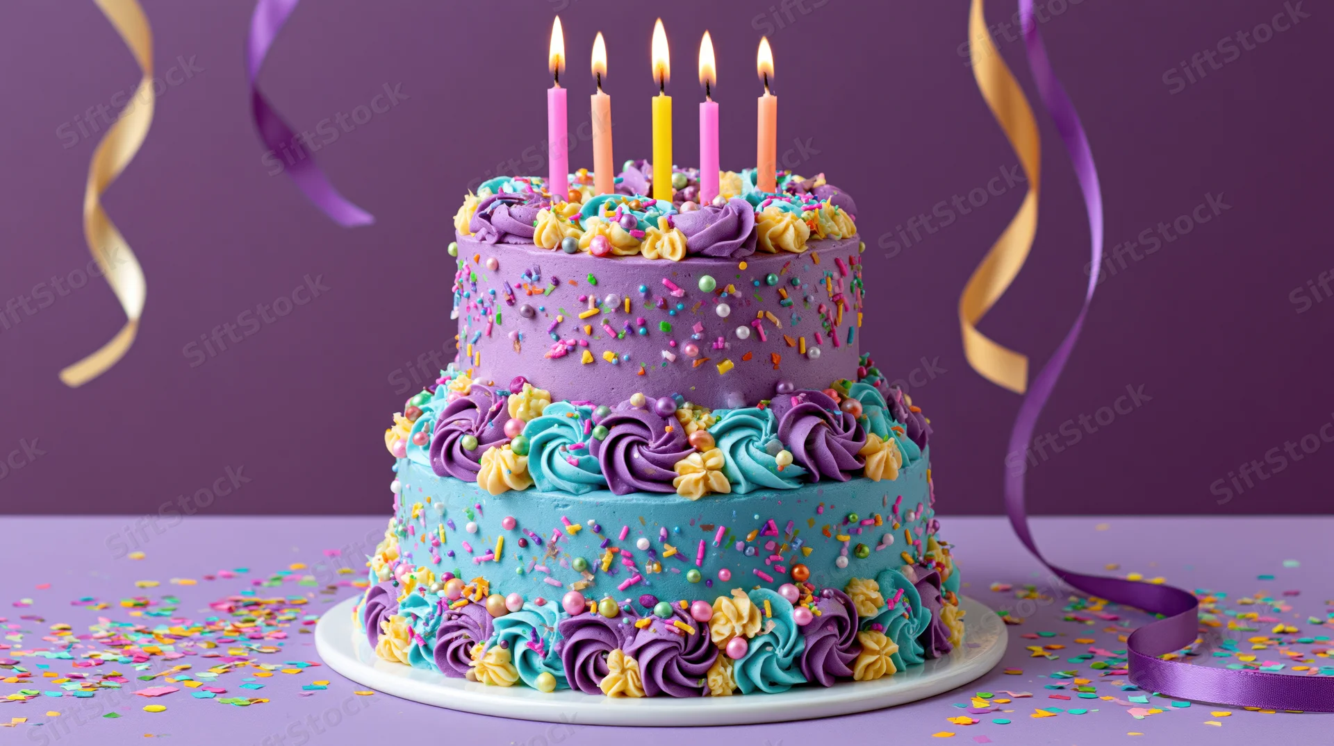 Two-tier birthday cake with lit candles and colorful frosting on a purple surface surrounded by confetti and ribbons