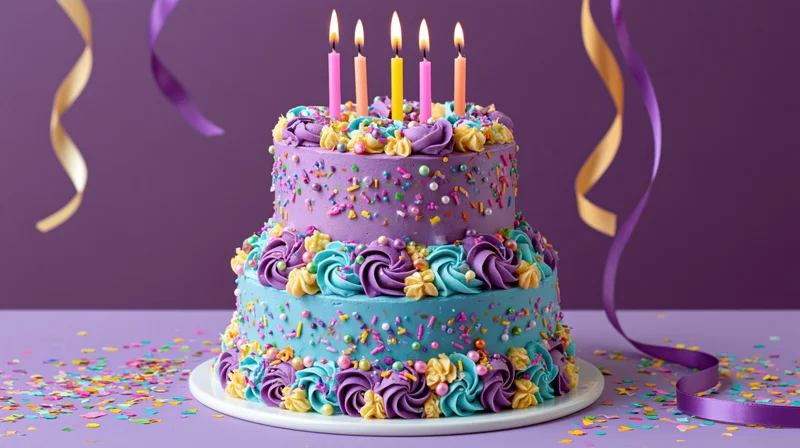 Two-tier birthday cake with lit candles and colorful frosting on a purple surface surrounded by confetti and ribbons