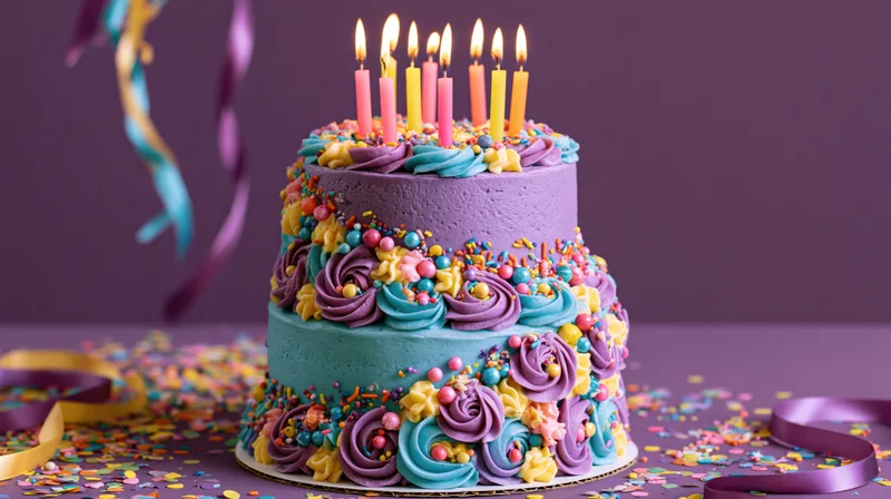 Three-tier birthday cake with lit candles and colorful frosting decorations on a purple surface surrounded by confetti and ribbons