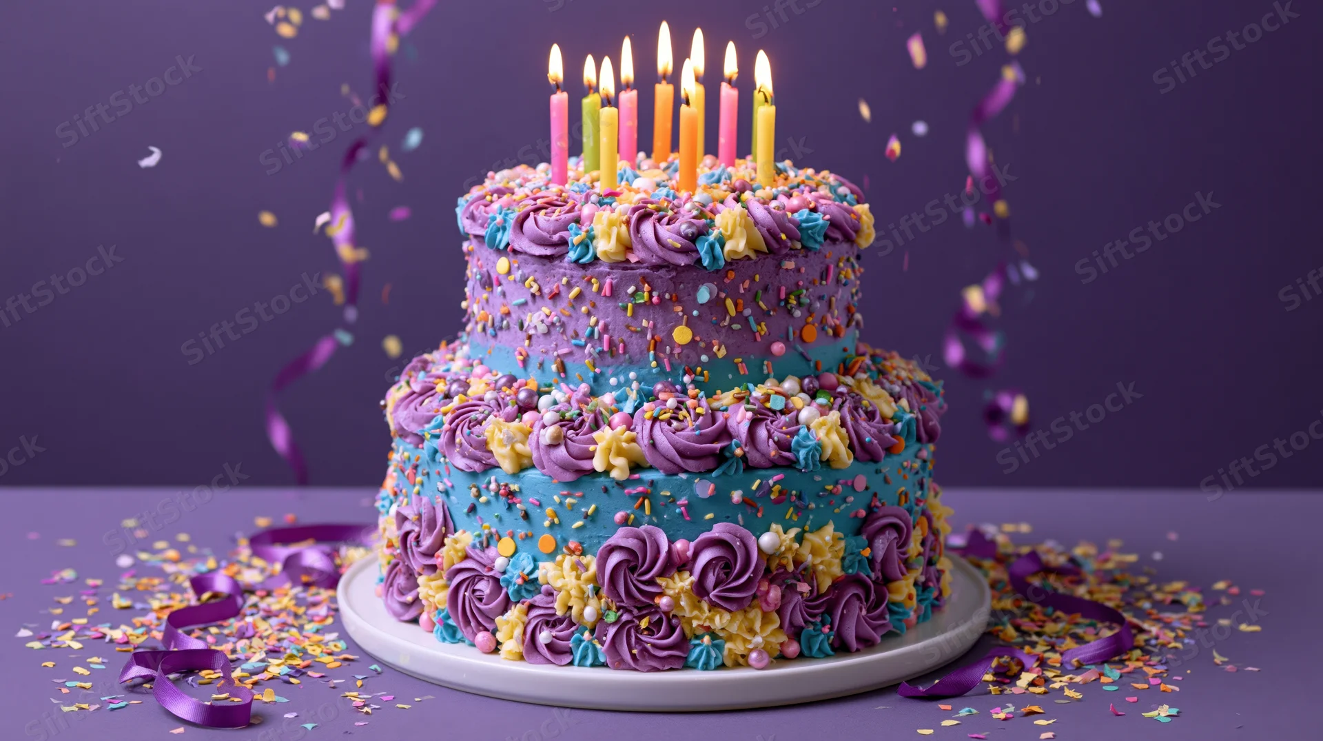 Three-tier birthday cake with lit candles and colorful sprinkles on a purple table surrounded by confetti and ribbons