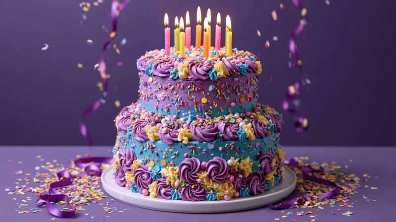 Three-tier birthday cake with lit candles and colorful sprinkles on a purple table surrounded by confetti and ribbons