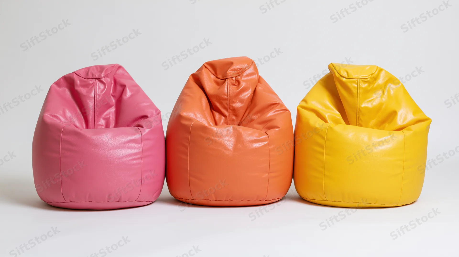 Three colorful beanbag chairs arranged in a row on a white background