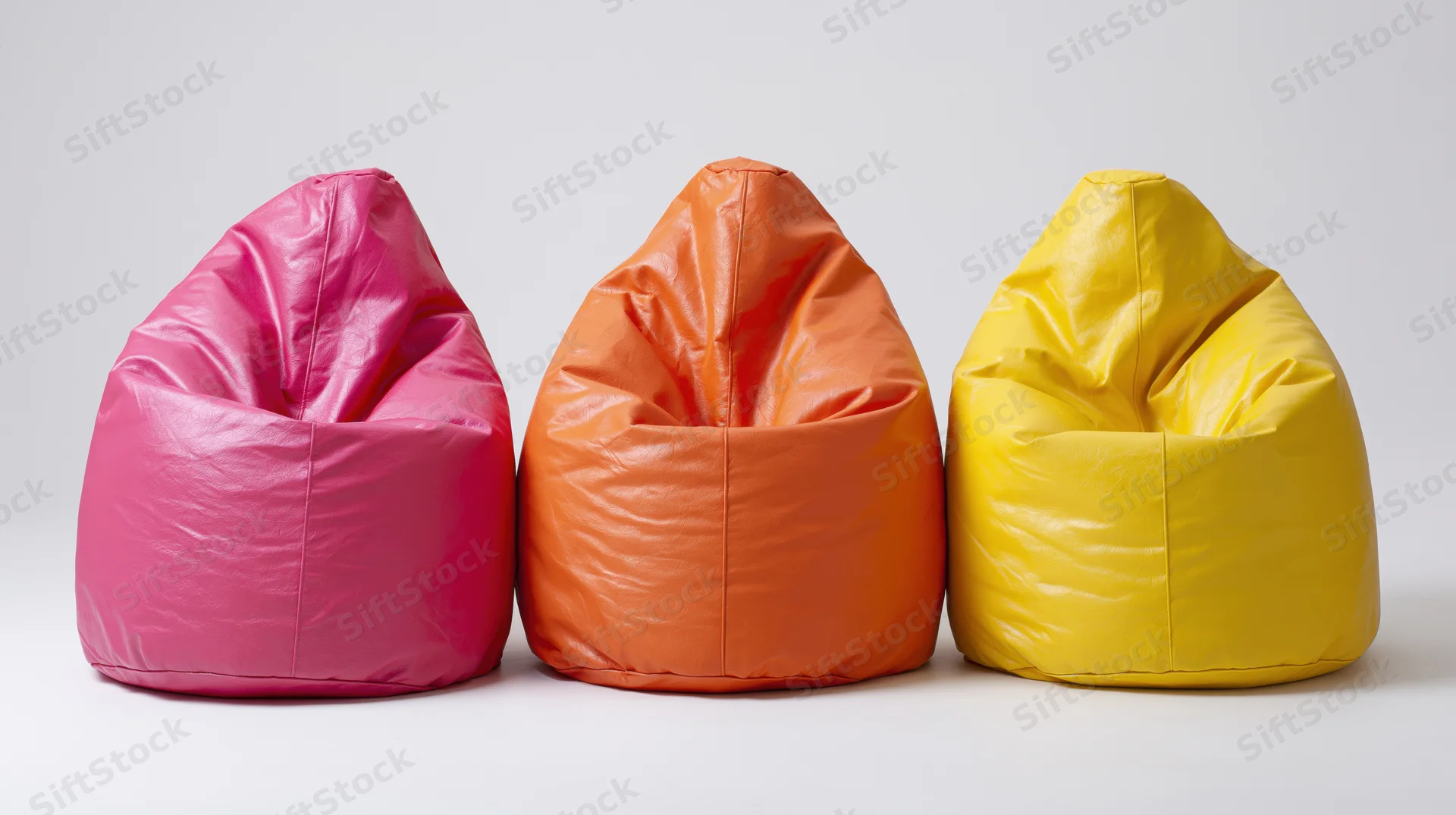 Three colorful beanbag chairs arranged in a row on a white background