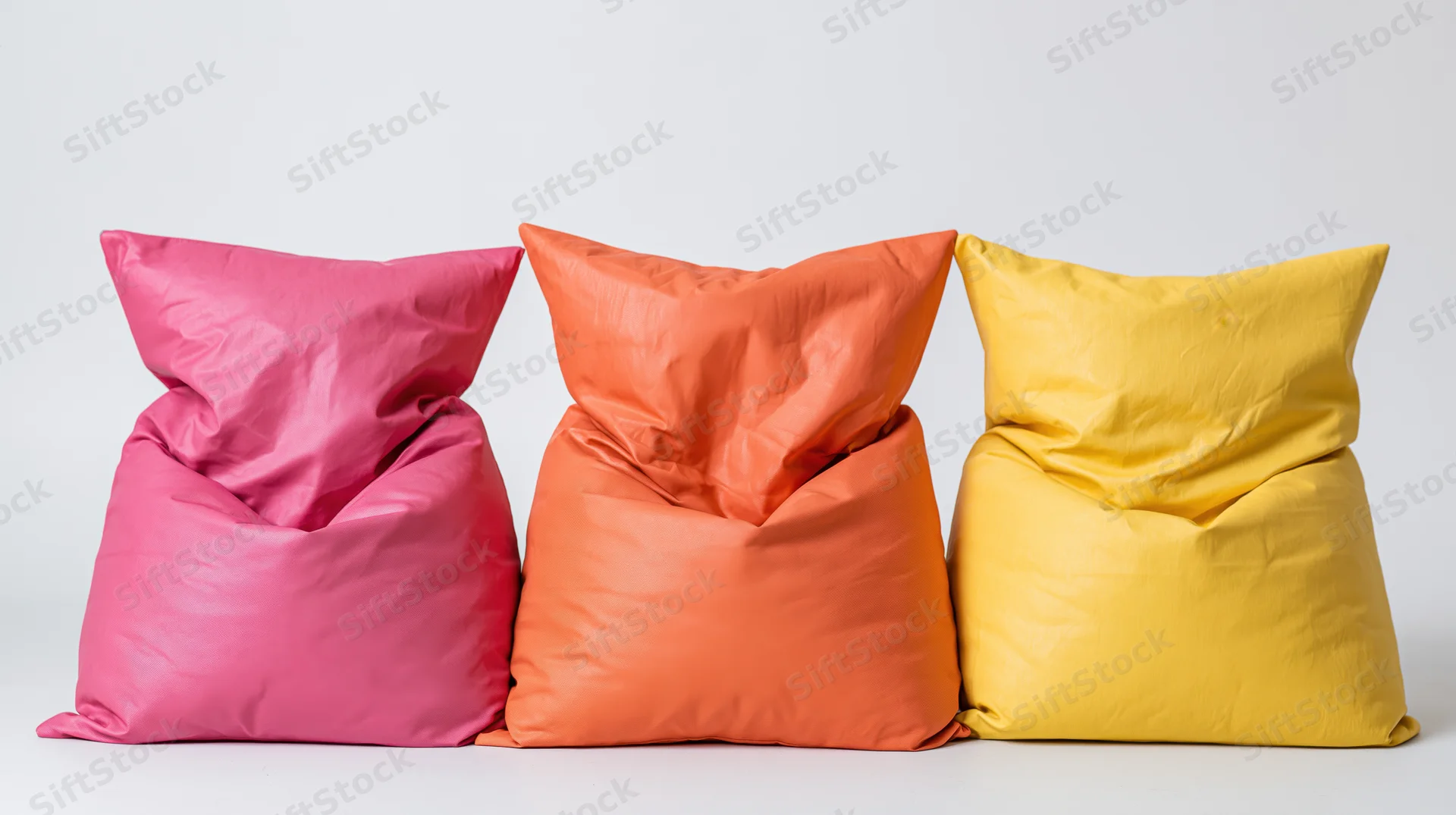 Three colorful beanbag chairs arranged in a row on a white background