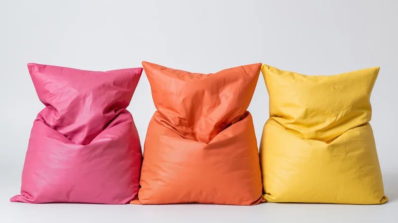 Three colorful beanbag chairs arranged in a row on a white background