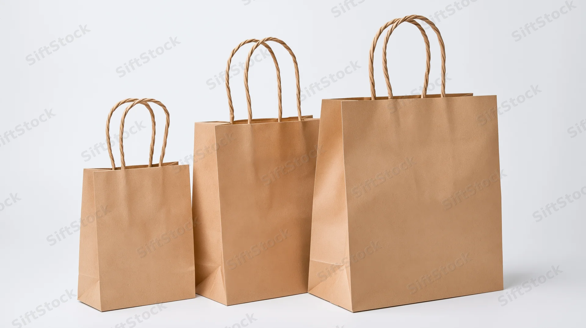 Three brown kraft paper shopping bags of varying sizes arranged in a row on a white background