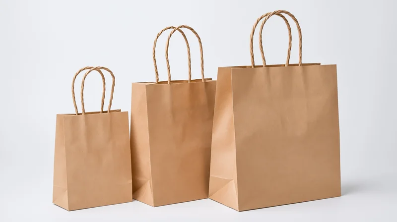 Three brown kraft paper shopping bags of varying sizes arranged in a row on a white background