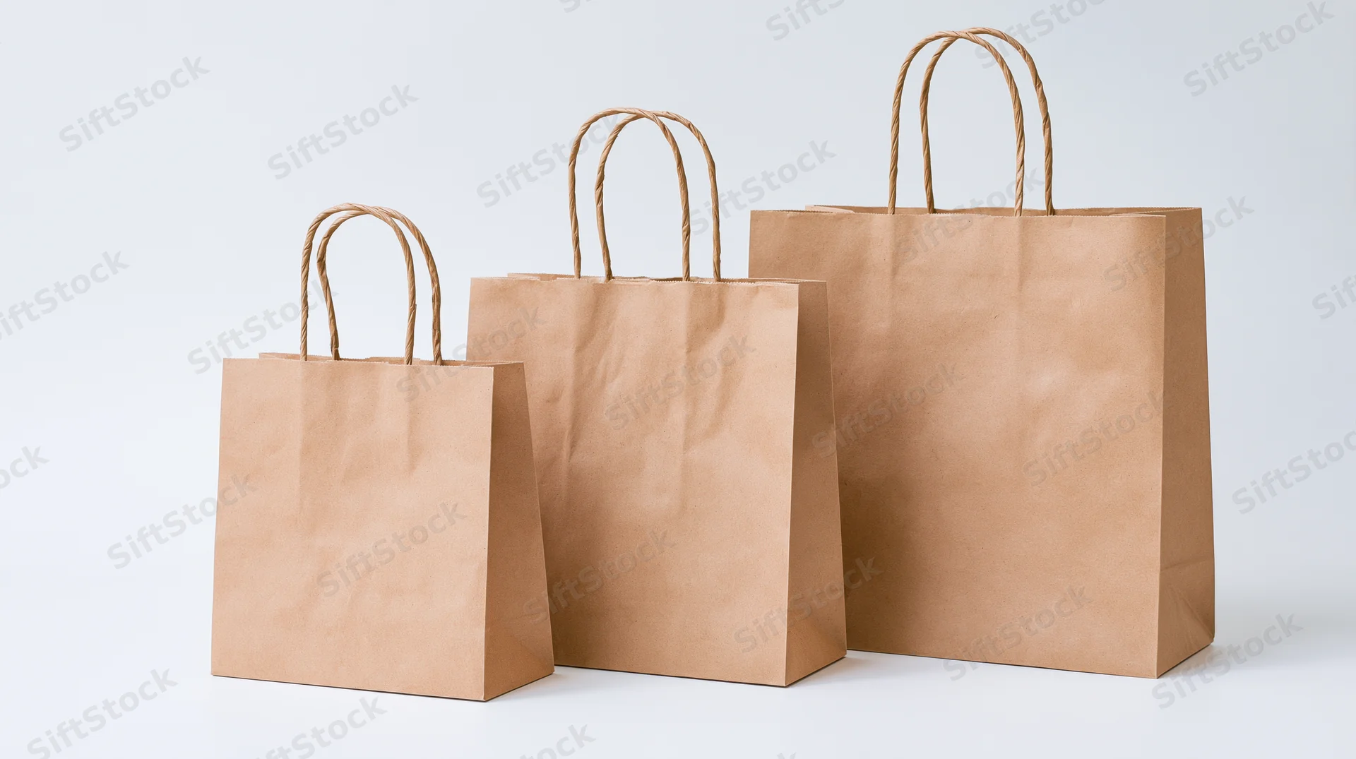 Three brown kraft paper shopping bags of varying sizes arranged in a row on a white surface
