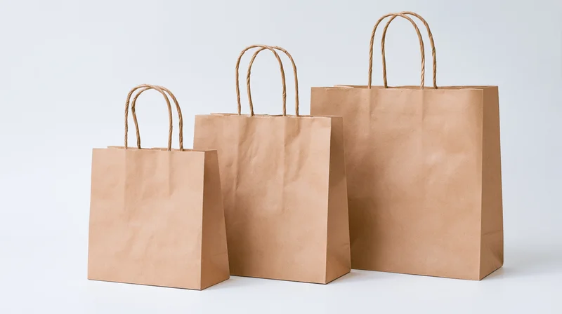 Three brown kraft paper shopping bags of varying sizes arranged in a row on a white surface