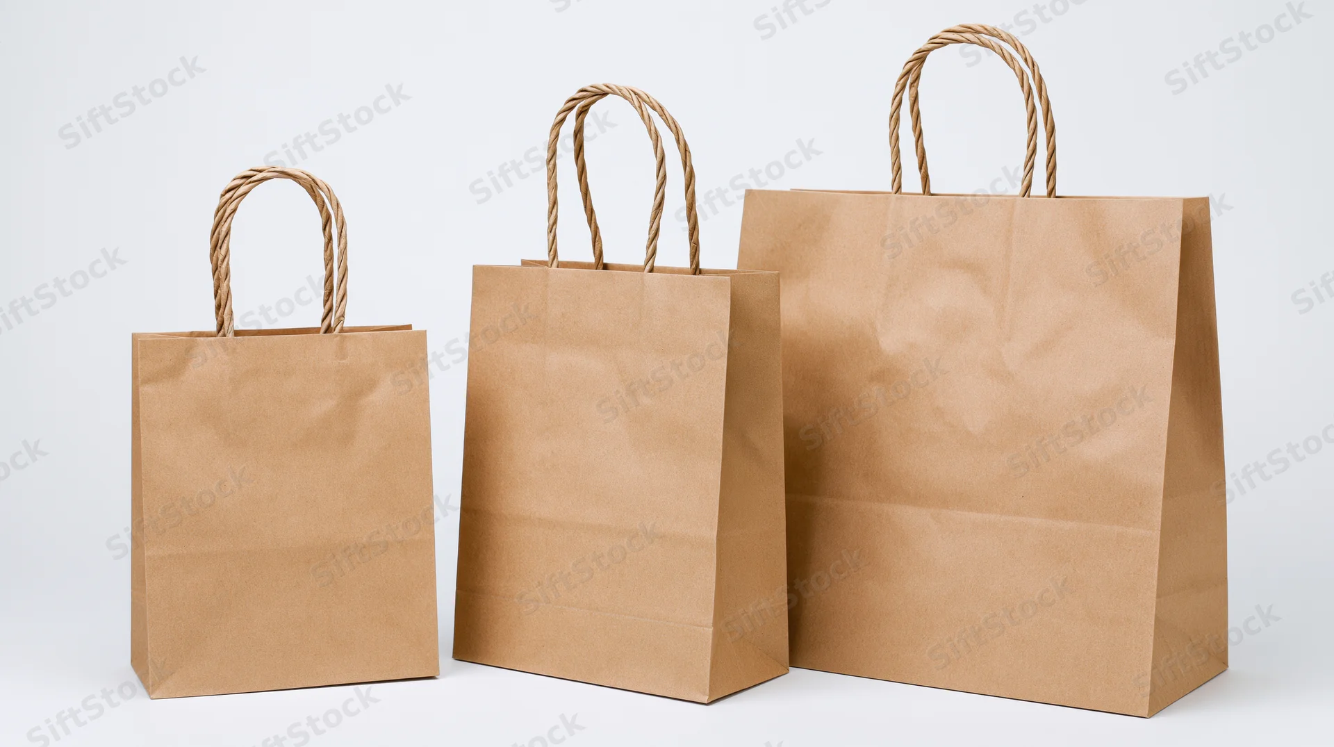 Three brown kraft paper shopping bags of small medium and large sizes standing in a row on a white background
