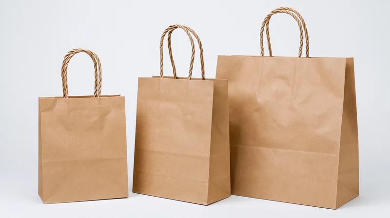 Three brown kraft paper shopping bags of small medium and large sizes standing in a row on a white background