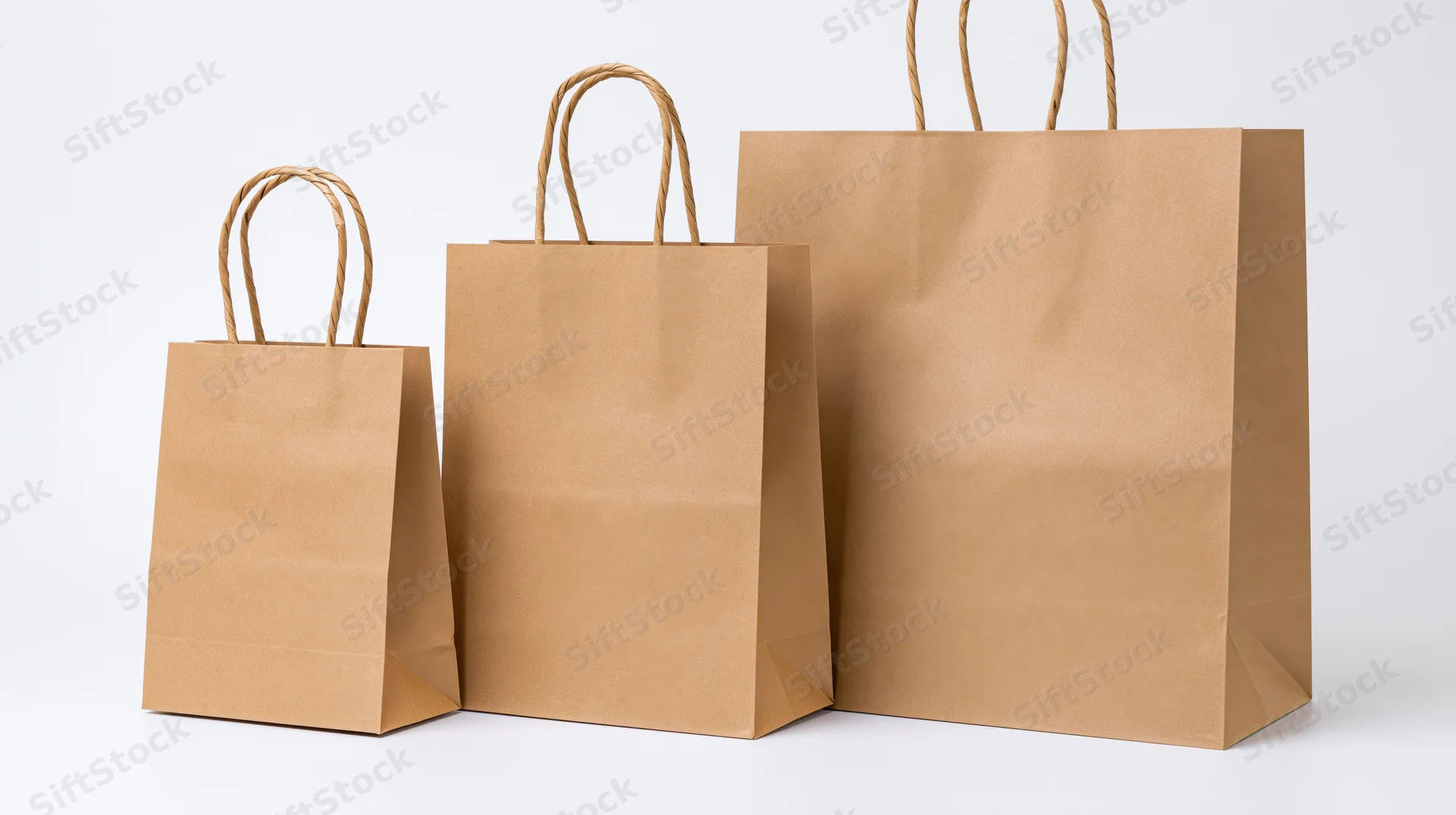 Three brown kraft paper shopping bags of varying sizes arranged in a row on a white background