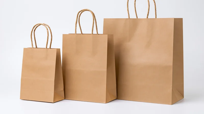 Three brown kraft paper shopping bags of varying sizes arranged in a row on a white background