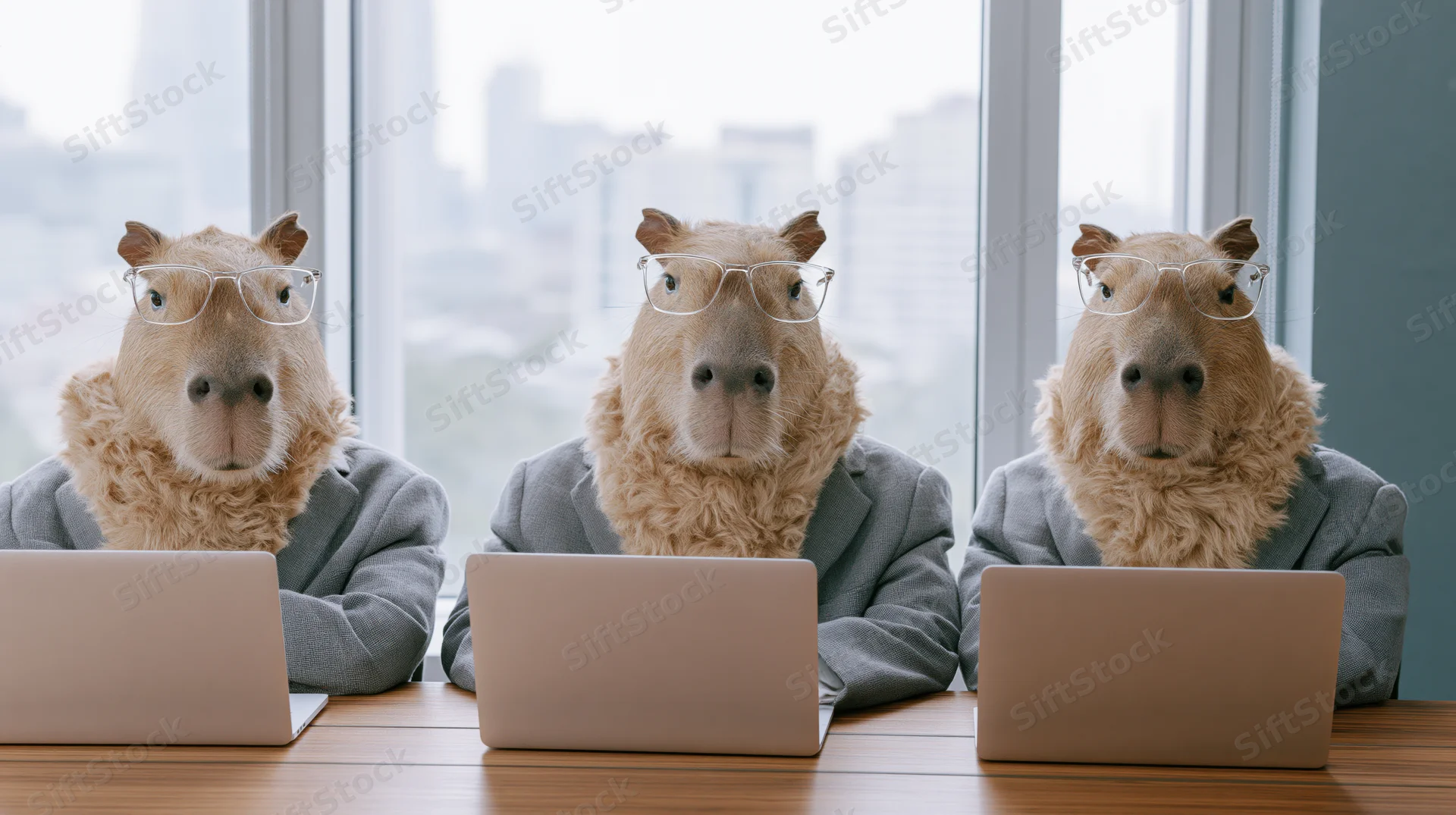 Three capybaras in business suits working on laptops at a conference table in an office with city view
