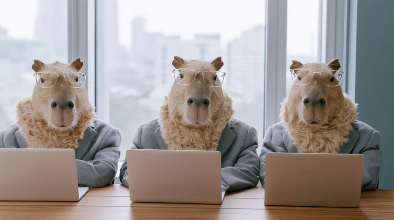 Three capybaras in business suits working on laptops at a conference table in an office with city view