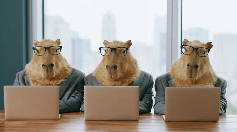 Three capybaras in grey suits with glasses working on laptops at a desk in an office with city view