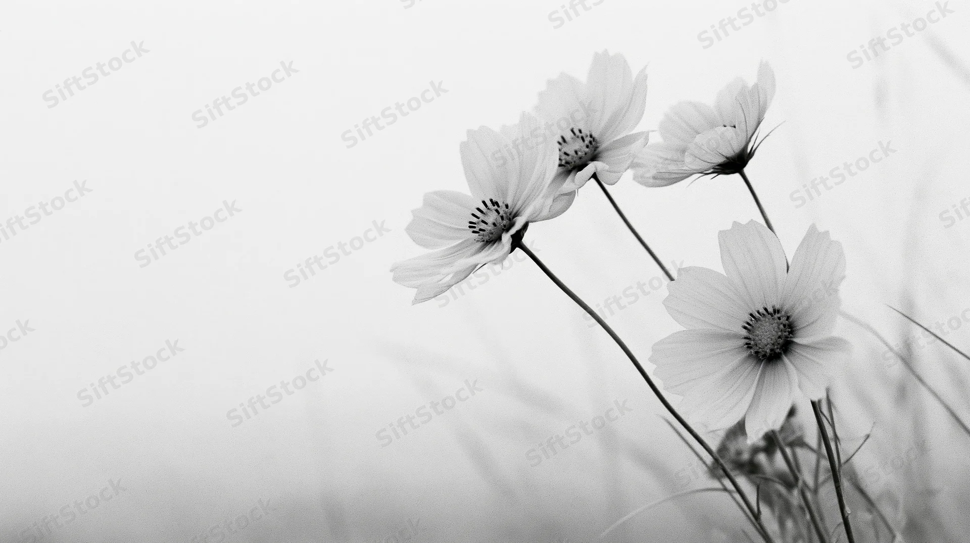 Cosmos flowers on slender stems in a soft natural setting with copyspace