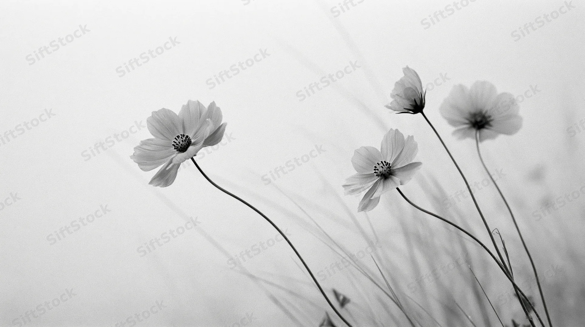 Cosmos flowers on slender stems in a soft monochrome field with copyspace