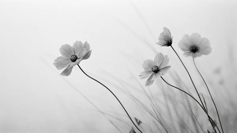 Cosmos flowers on slender stems in a soft monochrome field with copyspace