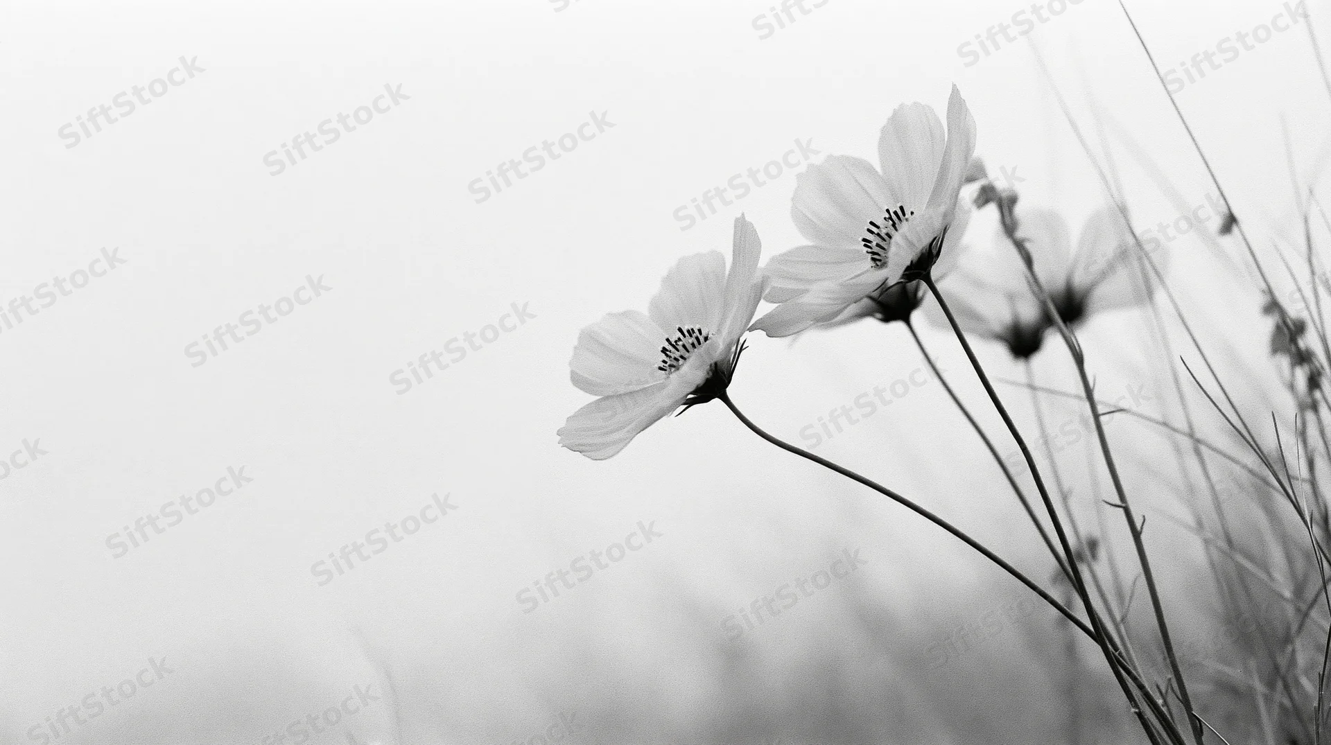 Three cosmos wildflowers on slender stems in a soft natural setting with blurred background