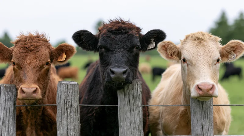 Three cows with brown, black and cream coats resting heads over wooden fence in pasture