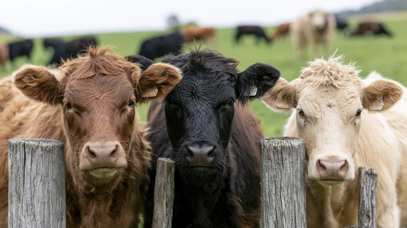 Three cows with brown, black and cream coats resting heads over wooden fence in pasture