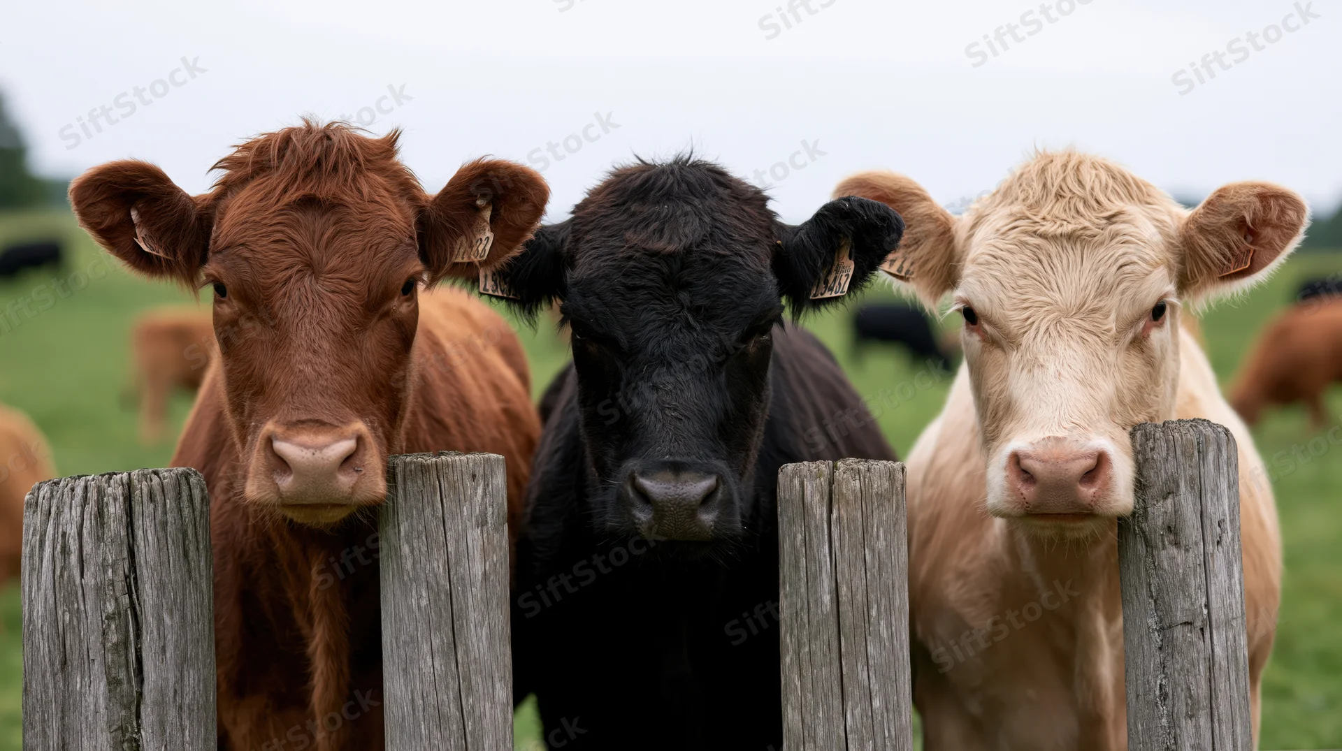 Three cows with brown, black and cream coats resting heads between wooden fence posts in a grassy pasture