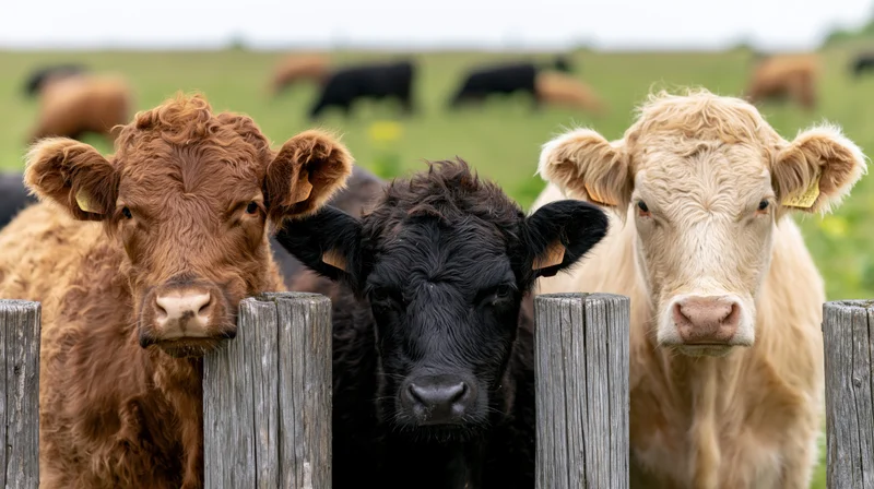 Three cows with brown, black and cream coats resting heads between wooden fence posts in a grassy field