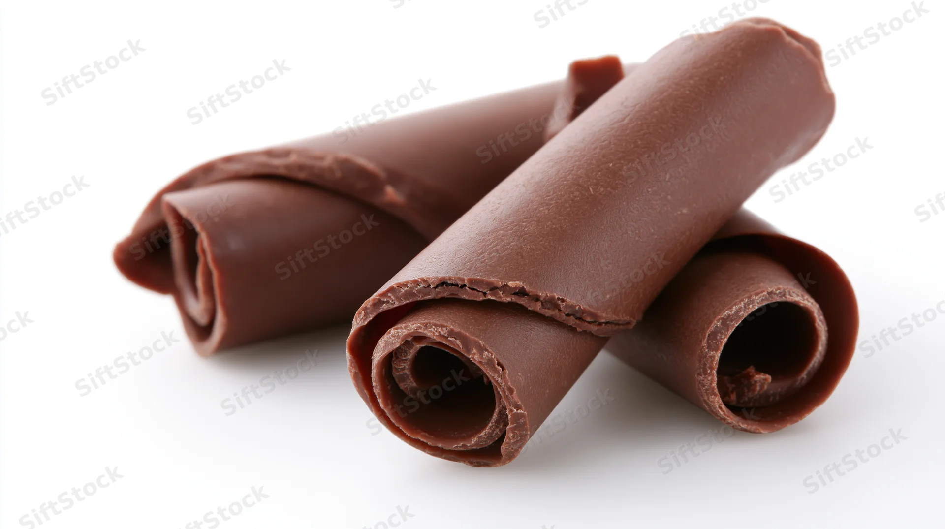 Dark milk chocolate curls rolled into tight spirals on white background