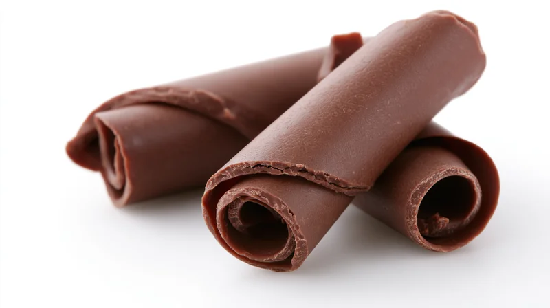 Dark milk chocolate curls rolled into tight spirals on white background