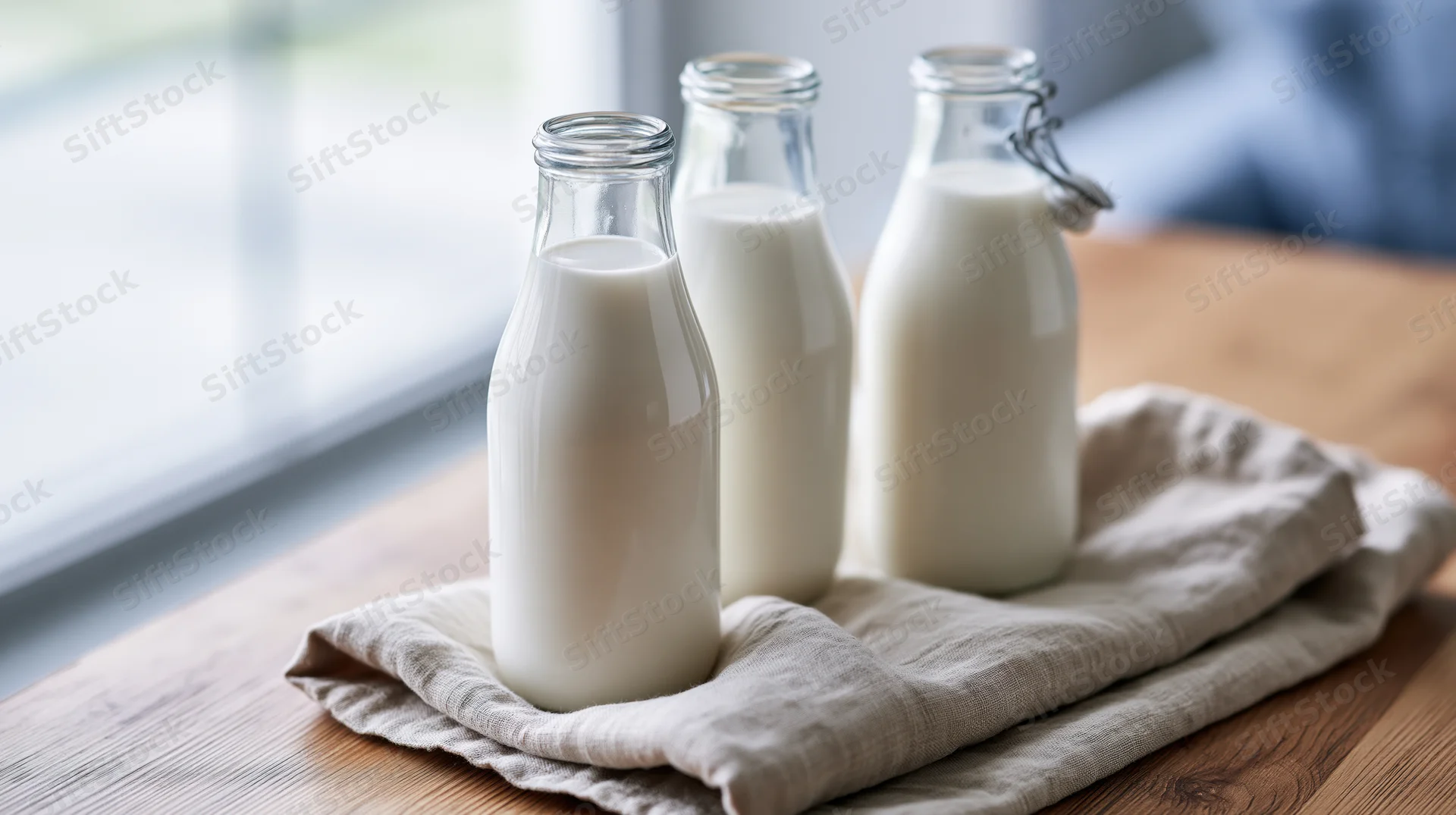 Three glass bottles filled with fresh white milk arranged on a wooden table with a cloth napkin near a window