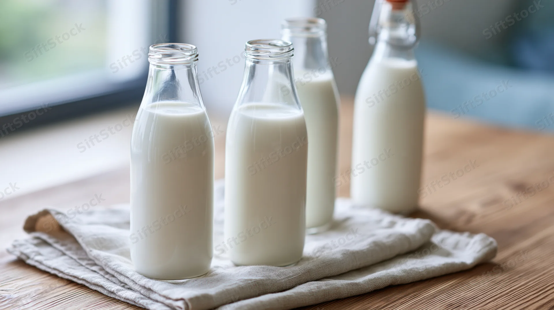 Four glass bottles filled with fresh milk arranged on a wooden table with a cloth napkin