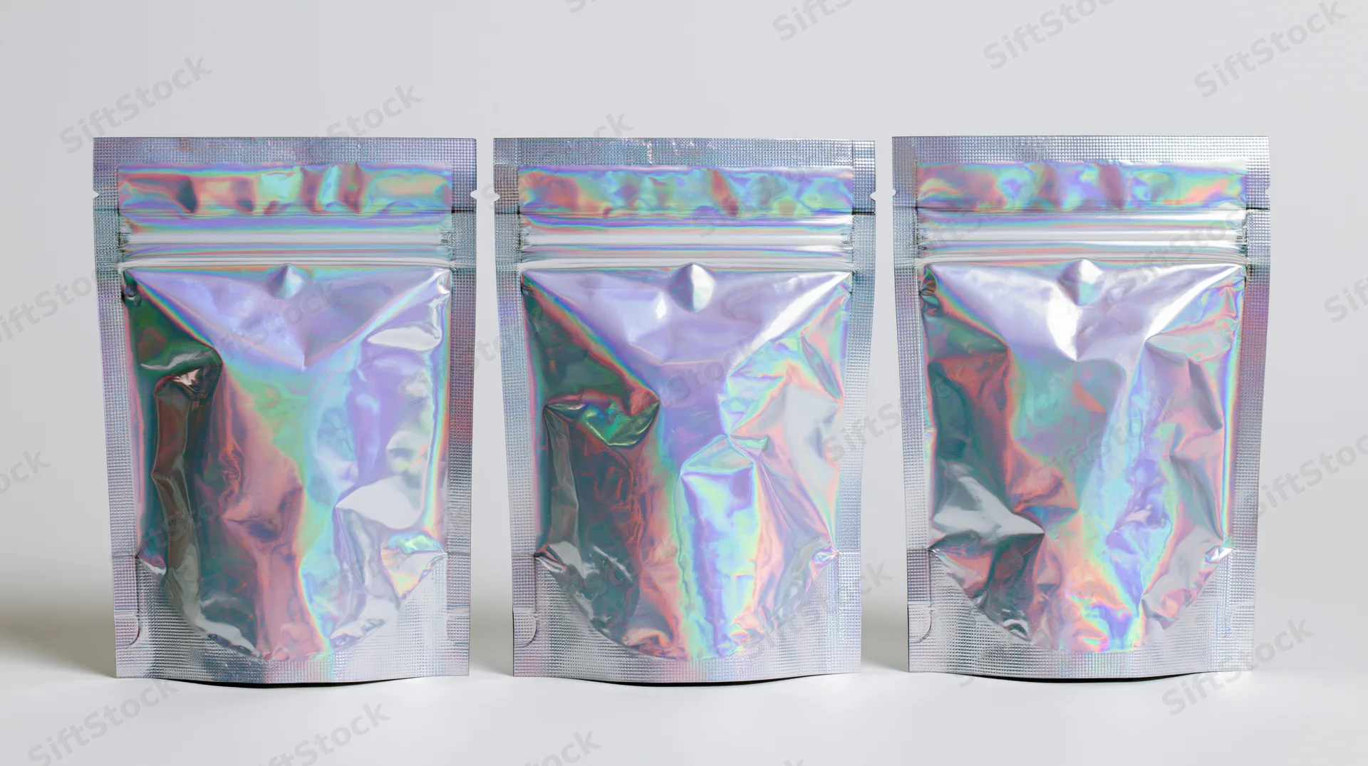 Three holographic iridescent foil pouches arranged in a row on a white surface