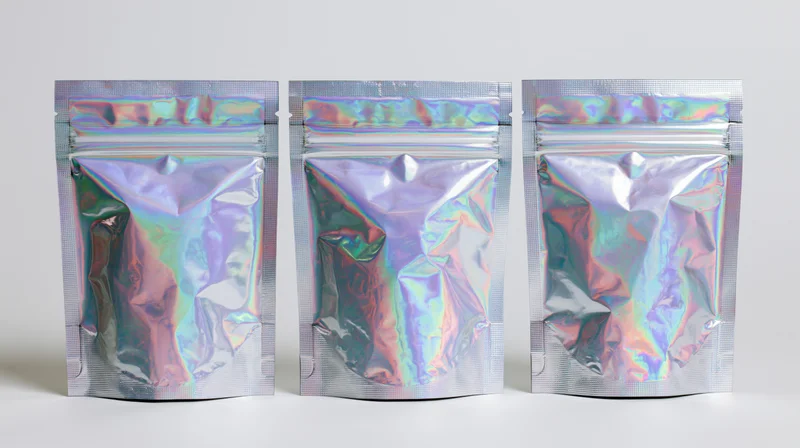 Three holographic iridescent foil pouches arranged in a row on a white surface