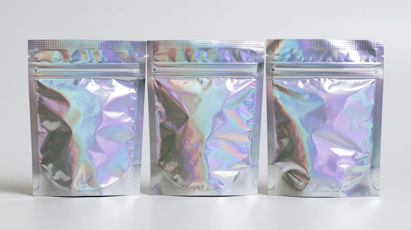 Three holographic iridescent foil pouches arranged in a row on a white surface