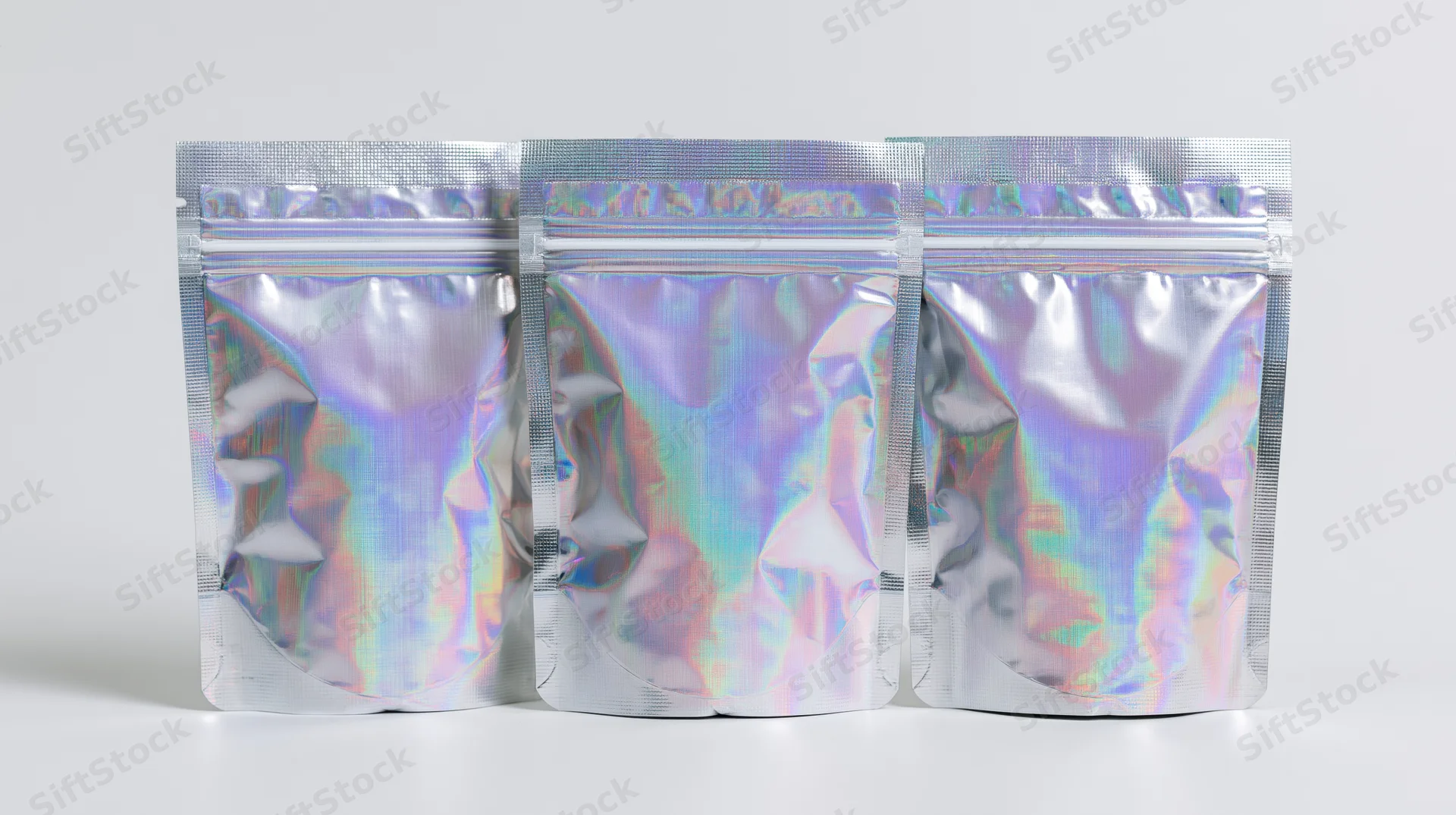 Three holographic iridescent foil pouches arranged in a row on a white surface