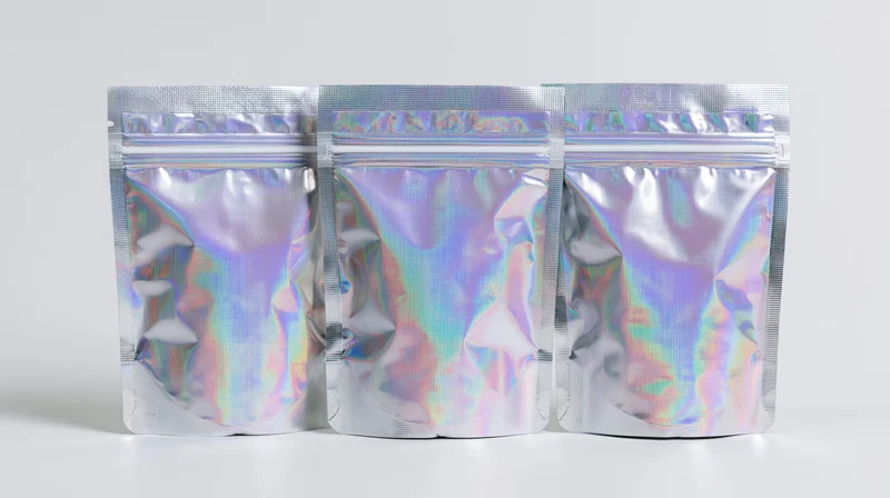 Three holographic iridescent foil pouches arranged in a row on a white surface
