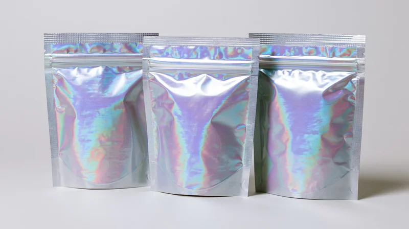 Three holographic iridescent foil pouches arranged in a row on a white background