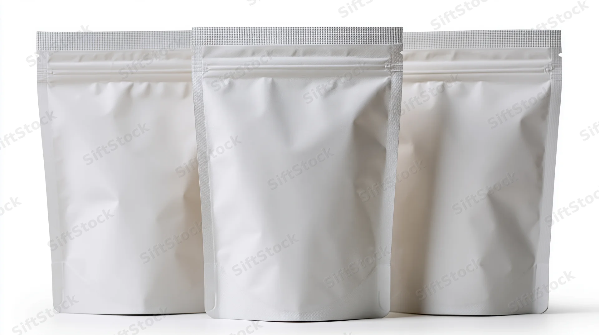 Three identical blank white foil pouch bags standing in a row on a white surface