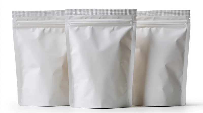 Three identical blank white foil pouch bags standing in a row on a white surface