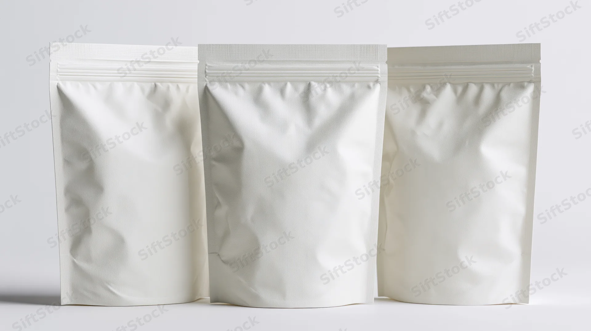 Three identical blank white plastic foil pouch bags standing in a row on a white surface