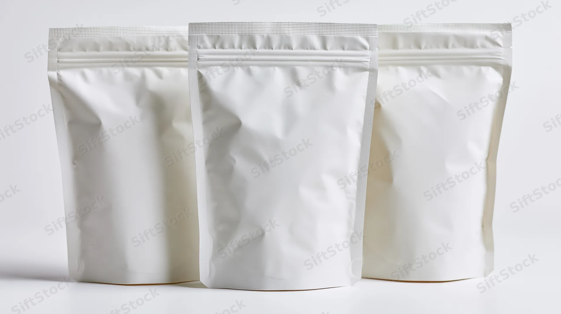 Three identical white foil pouch bags standing in a row on a white surface