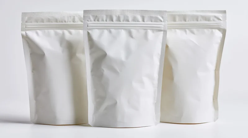 Three identical white foil pouch bags standing in a row on a white surface