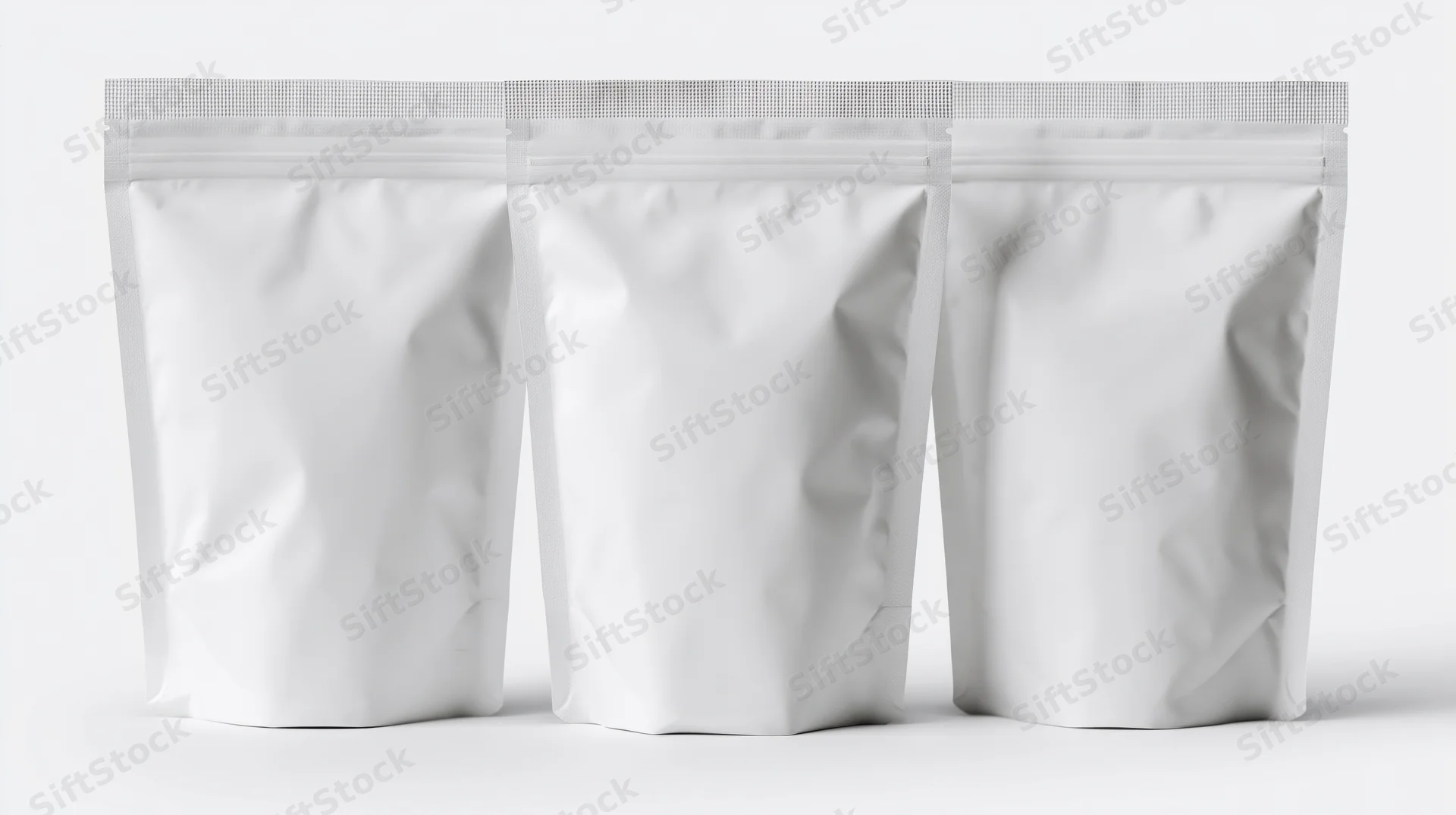 Three identical blank white plastic foil pouch bags standing in a row on a white surface