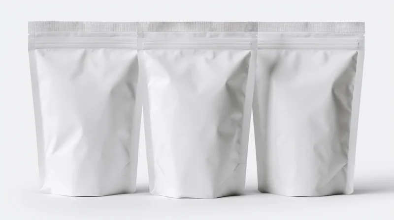 Three identical blank white plastic foil pouch bags standing in a row on a white surface